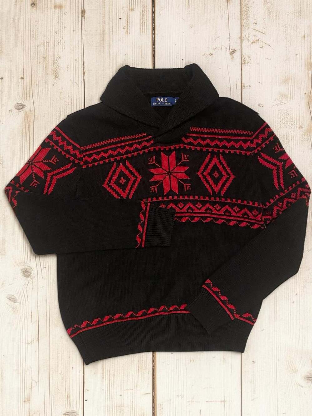 Polo Ralph Lauren Black and Red Snowflake Shawl Collar Sweater